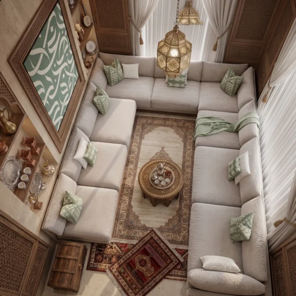 Amani Majlis Corner Sofa Amani Majlis Corner Sofa in beige linen by Marina Living UAE