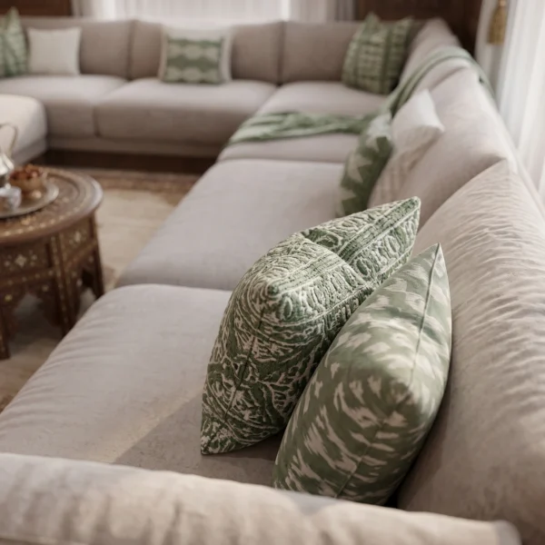 Amani Majlis Corner Sofa Amani Majlis Corner Sofa in beige linen by Marina Living UAE
