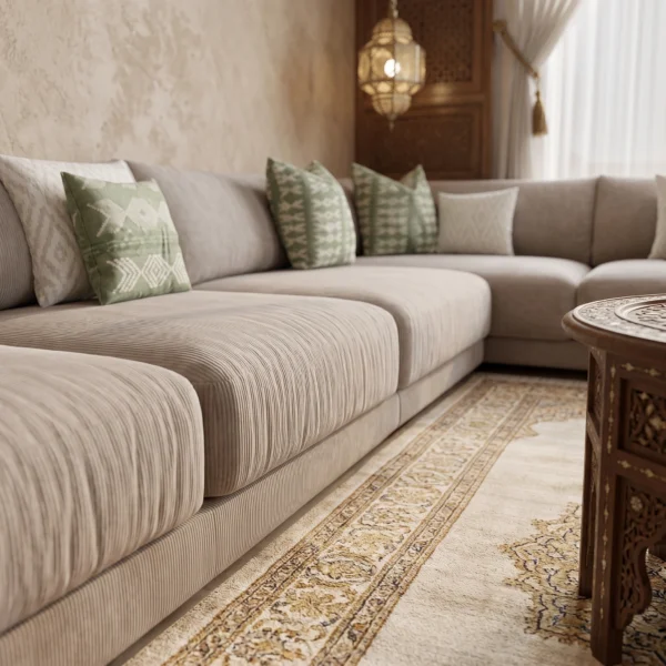 Amani Majlis Corner Sofa Amani Majlis Corner Sofa in beige linen by Marina Living UAE