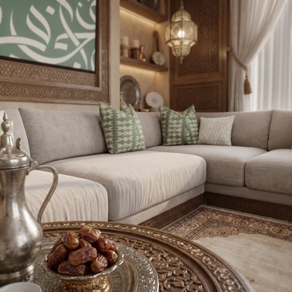 Amani Majlis Corner Sofa Amani Majlis Corner Sofa in beige linen by Marina Living UAE