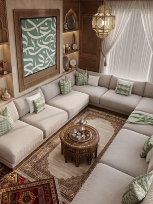 Amani Majlis Corner Sofa Amani Majlis Corner Sofa in beige linen by Marina Living UAE
