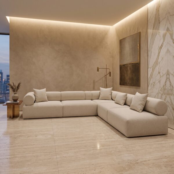 Aria-L-shaped-modular-sofa Aria L-Shaped Five-Seater Modular Sofa in beige bouclé by Marina Living UAE