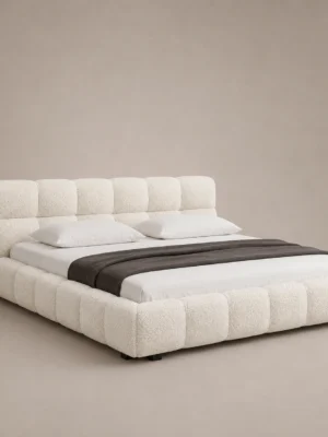 Bubble-Cloud-Bed Bubble Cloud Bed in beige linen with rounded upholstered sections by Marina Living UAE