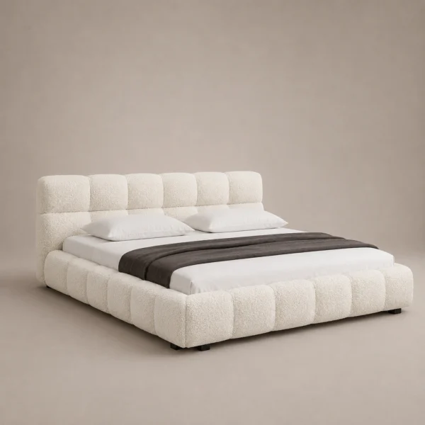 Bubble-Cloud-Bed Bubble Cloud Bed in beige linen with rounded upholstered sections by Marina Living UAE