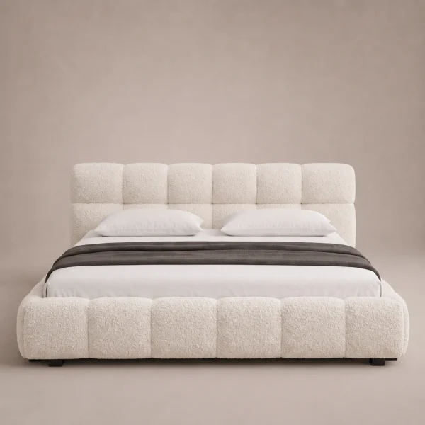 Bubble-Cloud-Bed Bubble Cloud Bed in beige linen with rounded upholstered sections by Marina Living UAE