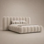 Cocoon Petal Cylinder Bed in beige linen with rounded cylinder upholstery by Marina Living UAE