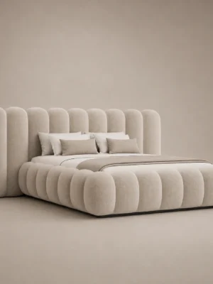 Cocoon-Petal-Cylinder-Bed Cocoon Petal Cylinder Bed in beige linen with rounded cylinder upholstery by Marina Living UAE