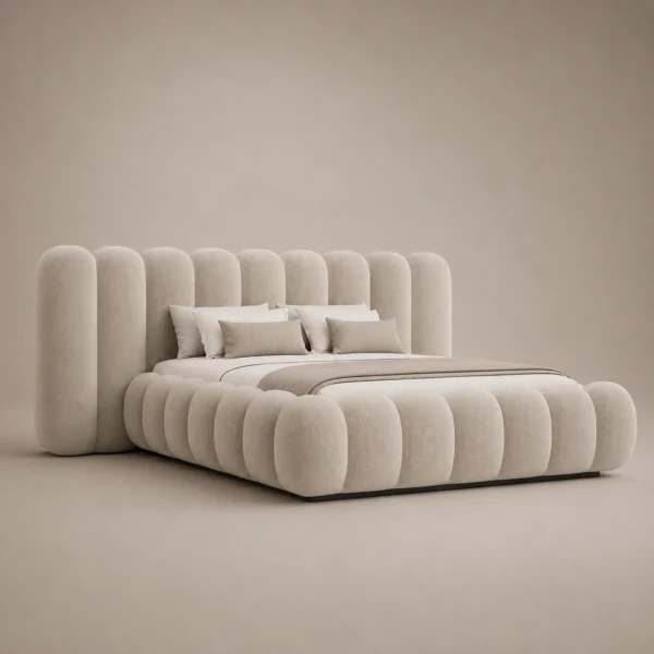 Cocoon-Petal-Cylinder-Bed Cocoon Petal Cylinder Bed in beige linen with rounded cylinder upholstery by Marina Living UAE