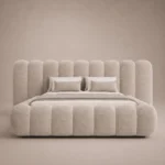 Cocoon Petal Cylinder Bed in beige linen with rounded cylinder upholstery by Marina Living UAE
