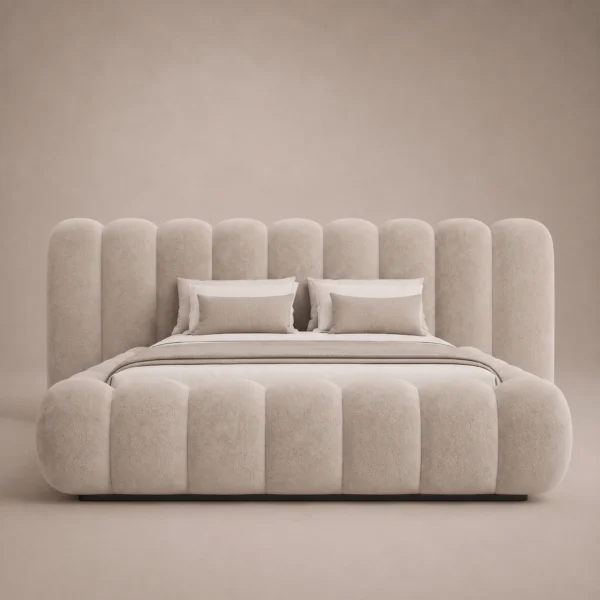 Cocoon-Petal-Cylinder-Bed Cocoon Petal Cylinder Bed in beige linen with rounded cylinder upholstery by Marina Living UAE