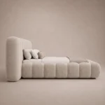 Cocoon Petal Cylinder Bed in beige linen with rounded cylinder upholstery by Marina Living UAE