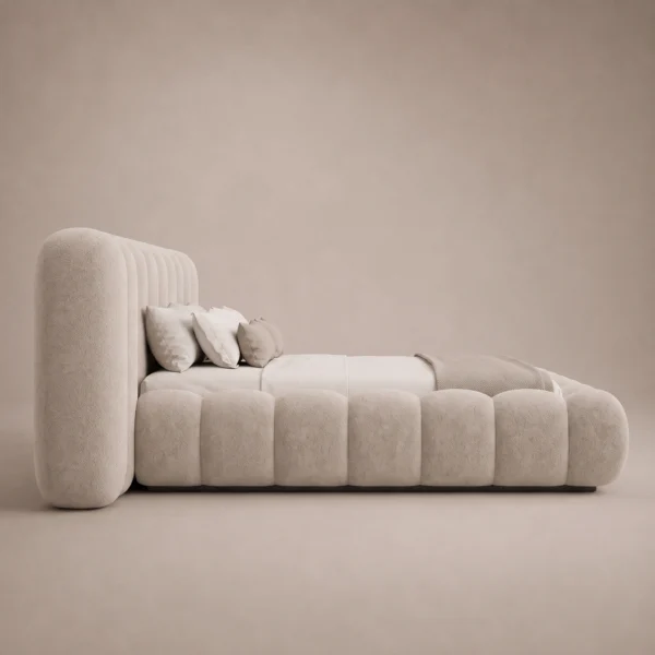 Cocoon-Petal-Cylinder-Bed Cocoon Petal Cylinder Bed in beige linen with rounded cylinder upholstery by Marina Living UAE