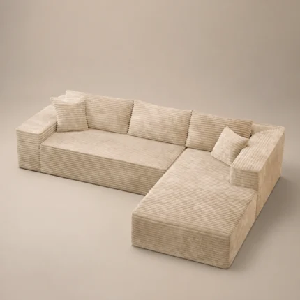 Cozy L-shaped sofa in beige plush corduroy by Marina Living UAE