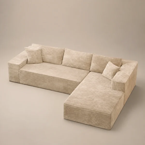 Cozy L-shaped sofa Cozy L-shaped sofa in beige plush corduroy by Marina Living UAE