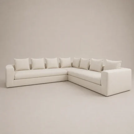 Eden L-Shaped Four-Seater Sofa in beige soft-touch fabric by Marina Living UAE