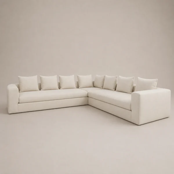 Eden-L-shaped-sofa Eden L-Shaped Four-Seater Sofa in beige soft-touch fabric by Marina Living UAE