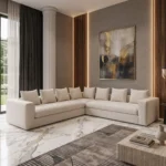 Eden L-Shaped Four-Seater Sofa in beige soft-touch fabric by Marina Living UAE