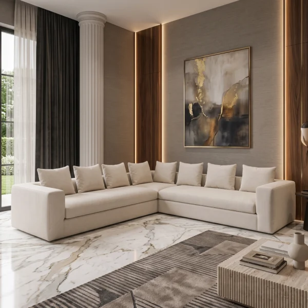 Eden-L-shaped-sofa Eden L-Shaped Four-Seater Sofa in beige soft-touch fabric by Marina Living UAE