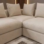 Eden L-Shaped Four-Seater Sofa in beige soft-touch fabric by Marina Living UAE