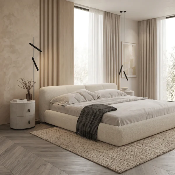 Elara Boucle Platform Bed Dubai UAE (3) Off-White Upholstered Bed Abu Dhabi