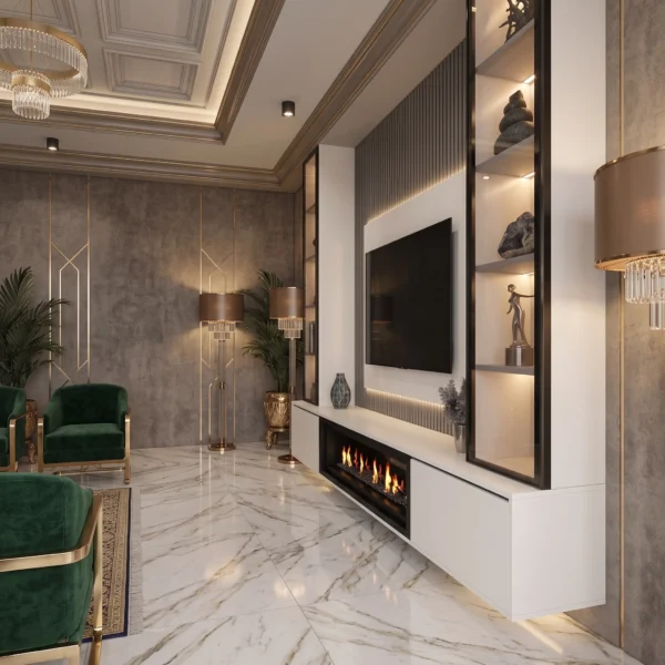 Ember Luxe Fireplace TV Wall Unit Dubai UAE (2) LED TV Unit with Glass Shelves UAE