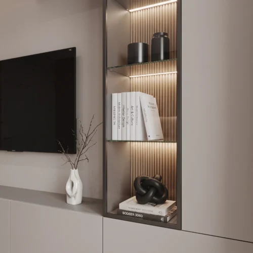 Kiva TV unit with paneling and storage by Marina Living UAE