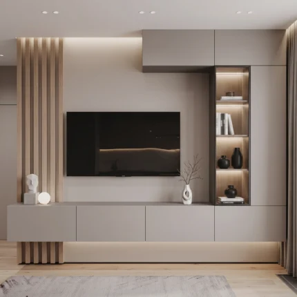 Kiva TV unit with paneling and storage by Marina Living UAE