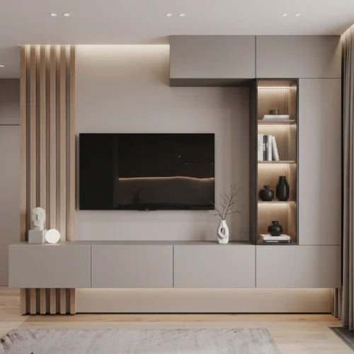 Kiva TV unit with paneling and storage by Marina Living UAE