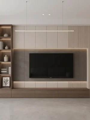 Lunaro Fluted Media Wall Unit with Display Shelves Lunaro fluted media wall unit with display shelves by Marina Living UAE