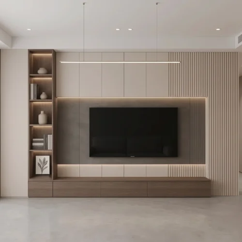 Lunaro fluted media wall unit with display shelves by Marina Living UAE