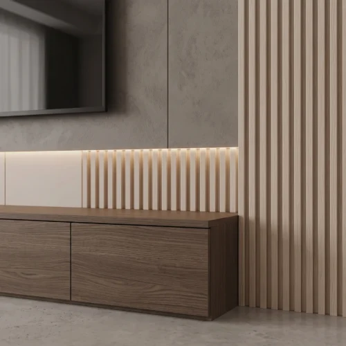 Lunaro fluted media wall unit with display shelves by Marina Living UAE