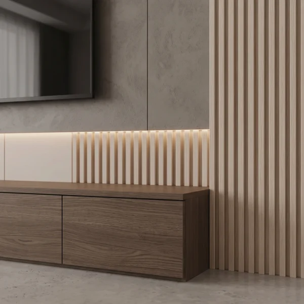 Lunaro Fluted Media Wall Unit with Display Shelves Lunaro fluted media wall unit with display shelves by Marina Living UAE