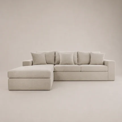 Luxe L-Shaped Four-Seater Sofa in beige linen by Marina Living UAE