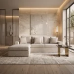 Luxe L-Shaped Four-Seater Sofa in beige linen by Marina Living UAE