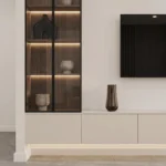 Luxury media console with wood panel and LED display storage by Marina Living UAE