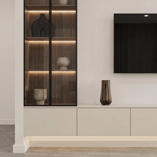 Luxury Media Console with Wood Panel & LED Display Storage Luxury media console with wood panel and LED display storage by Marina Living UAE