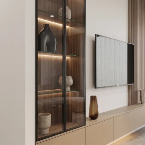 Luxury media console with wood panel and LED display storage by Marina Living UAE