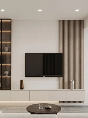 Luxury Media Console with Wood Panel & LED Display Storage Luxury media console with wood panel and LED display storage by Marina Living UAE
