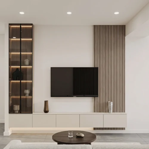 Luxury media console with wood panel and LED display storage by Marina Living UAE