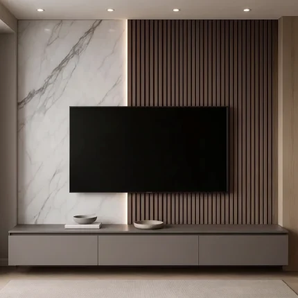 Marvella slat marble TV wall console by Marina Living UAE