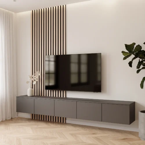 Modern TV wall unit with functional storage by Marina Living UAE