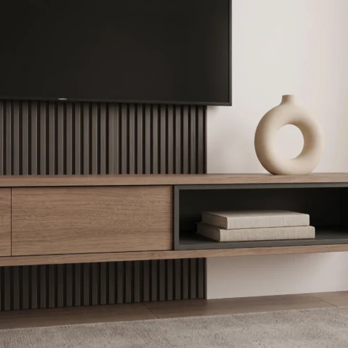 Oakridge slat TV console with shelves by Marina Living UAE