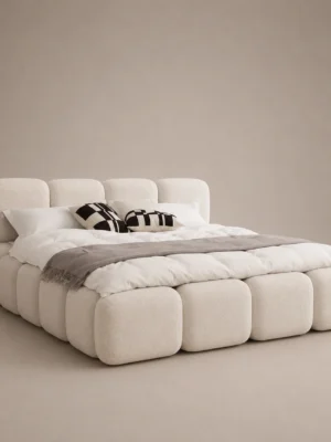 Puff-Cloud-Block-Bed Puff Cloud Block Bed in beige linen with rounded block upholstery by Marina Living UAE
