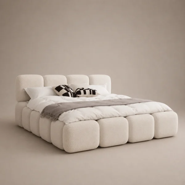 Puff-Cloud-Block-Bed Puff Cloud Block Bed in beige linen with rounded block upholstery by Marina Living UAE