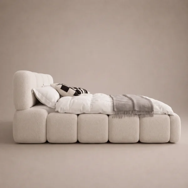 Puff-Cloud-Block-Bed Puff Cloud Block Bed in beige linen with rounded block upholstery by Marina Living UAE