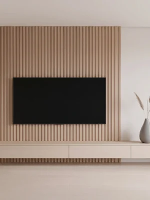 Sleek Wall-Mounted TV Console Sleek wall-mounted TV console in beige by Marina Living UAE