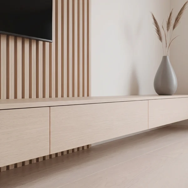 Sleek Wall-Mounted TV Console Sleek wall-mounted TV console in beige by Marina Living UAE
