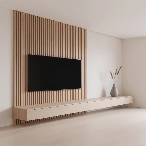 Sleek Wall-Mounted TV Console Sleek wall-mounted TV console in beige by Marina Living UAE