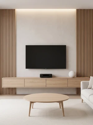 Valmora LED Slat TV Wall Unit Valmora LED slat TV wall unit in beige by Marina Living UAE