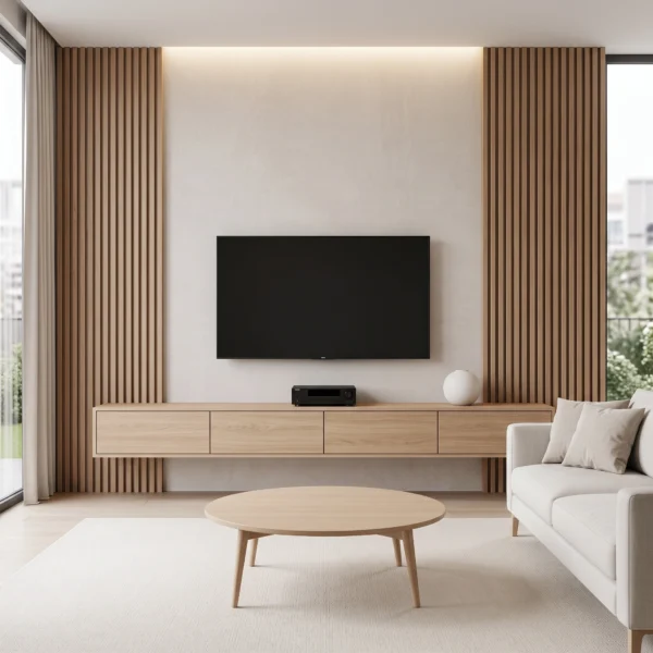 Valmora LED Slat TV Wall Unit Valmora LED slat TV wall unit in beige by Marina Living UAE